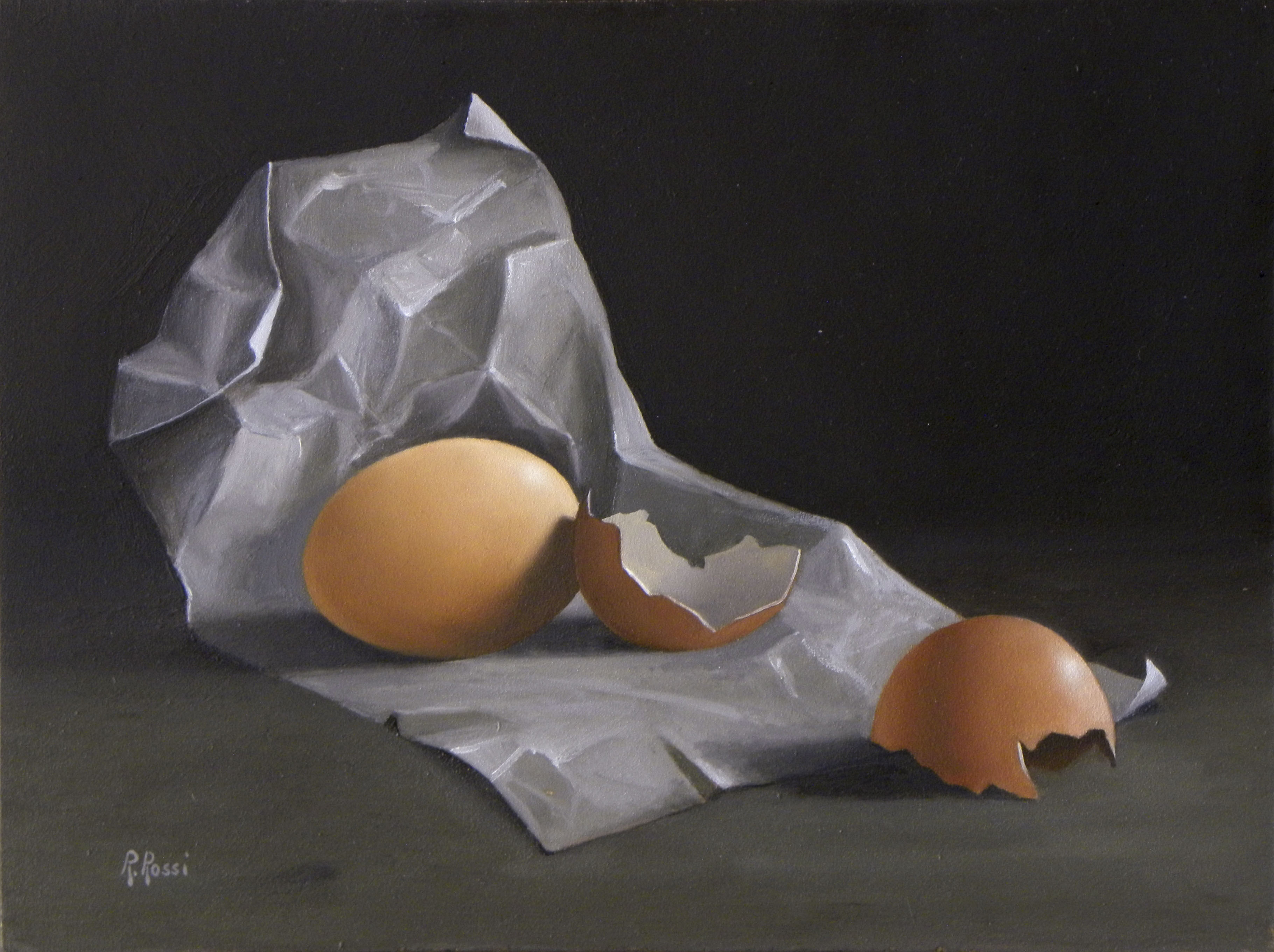 2015 roberta rossi – uovo e guscio su cartoccio – olio su tavola – 18 x 24